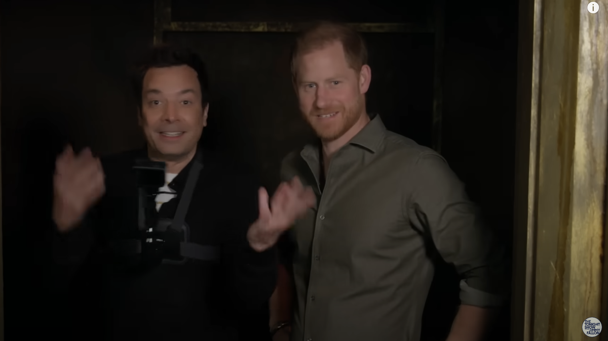 Jimmy Fallon and Prince Harry walk through haunted house together.