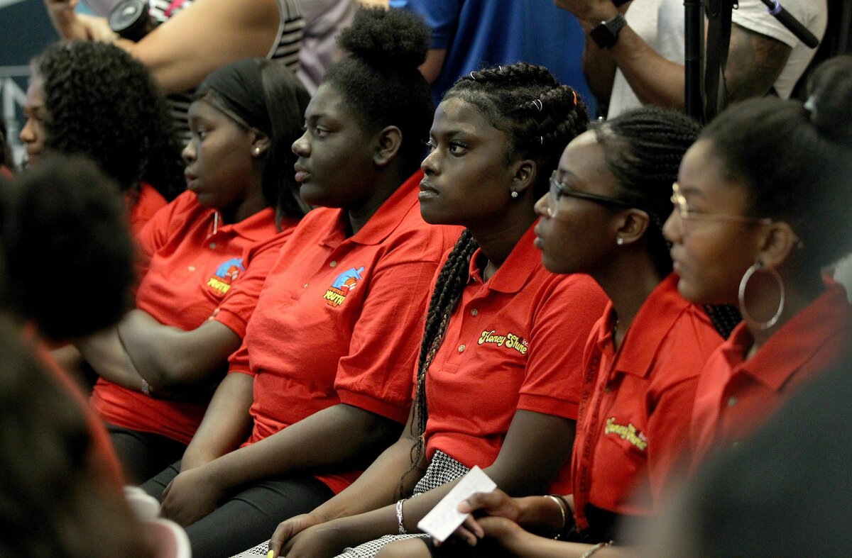 Former first lady Michelle Obama surprised a group of high school girls at the Overtown Youth Center on Friday, May 10, 2019, to take part in a conversation with Honey Shine founder Tracy Wilson Mourning and former radio host Michele Norris. Obama is on tour to promote her memoir, “Becoming,” and stopped by the center, founded by former Miami Heat star Alonzo Mourning, ahead of an appearance in Sunrise Friday evening.
