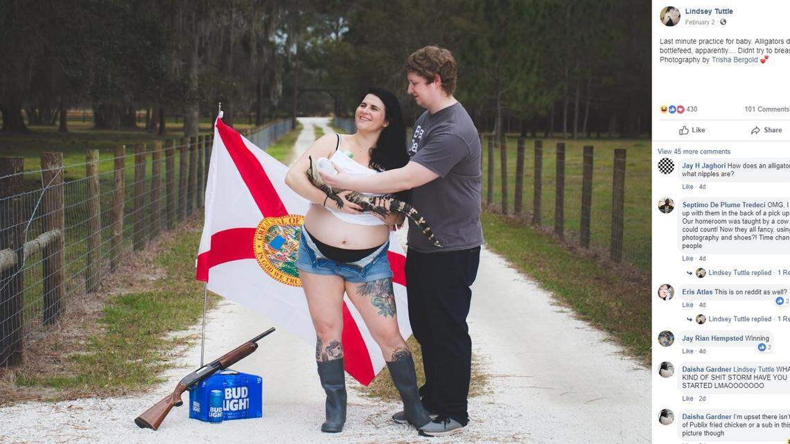 Lindsey Tuttle and her husband Jonathan Tuttle pose with baby gator Fred for a maternity photo on Facebook on Feb. 2, 2019.
