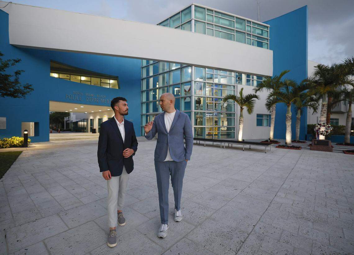 Matteo Falcinelli,  then a FIU student from Italy, was hog-tied by police in a North Miami Beach jail holding cell in 2024, according to police body-camera footage. Falcinelli, left, walks with his attorney Filippo&nbsp;Marchino outside the North Miami Beach Police Department on Friday, May 2, 2025.