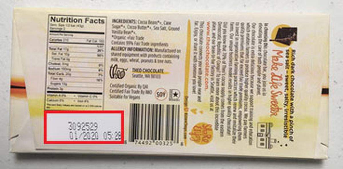 The back of the chocolate bar, where the lot code and best by date are found.