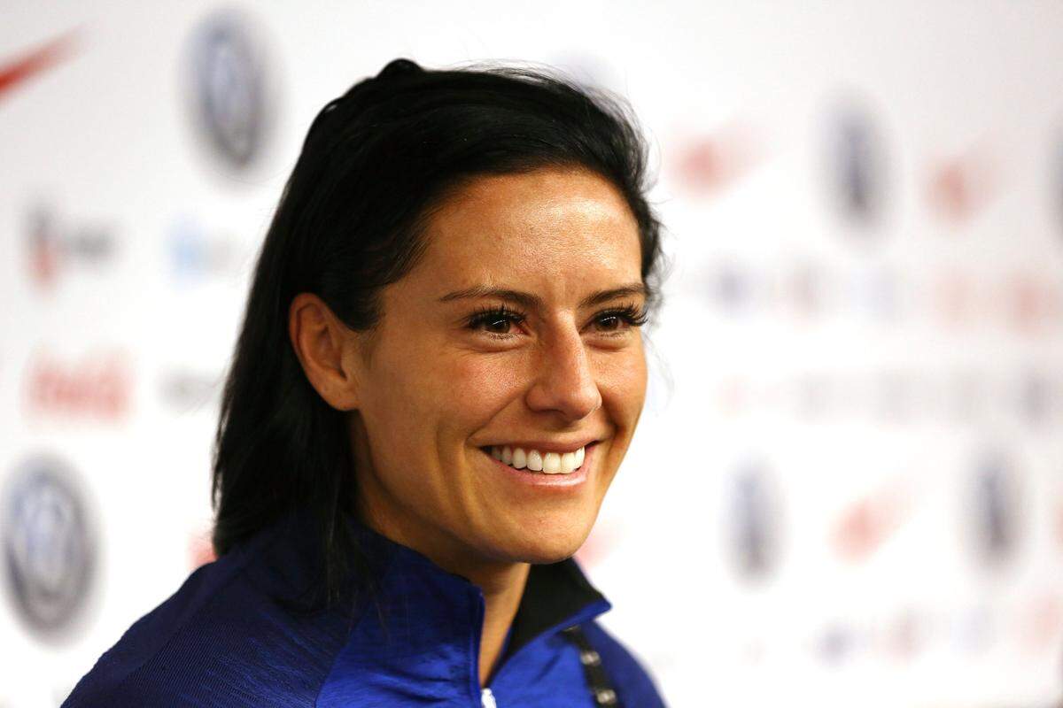 United States defender Ali Krieger speaks to media before a soccer workout at Red Bull Arena, Saturday, May 25, 2019, in Harrison, N.J. The U.S. will play against Mexico in an international soccer friendly on Sunday.