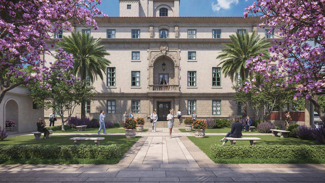 An architectural rendering depicts a renovated Coral Gables City Hall with a restored entry courtyard and garden.