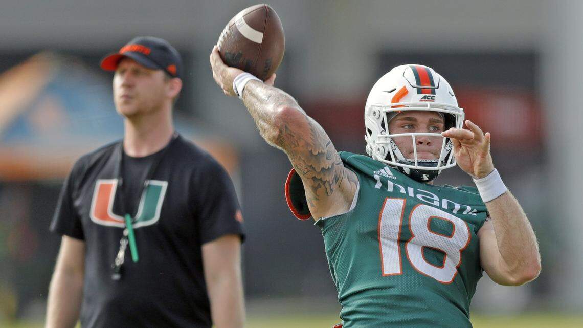 Miami Hurricanes quarterback Tate Martell (18) passes during practice drills at the University of Miami’s Greentree Field in Coral Gables on Thursday, March 5, 2020.