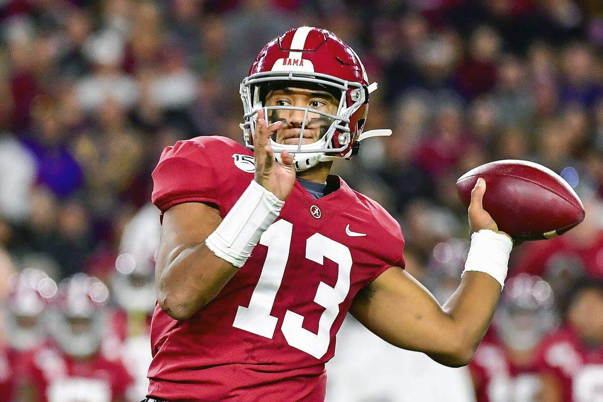 FILE - In this Nov. 9, 2019, file photo, Alabama quarterback Tua Tagovailoa plays in an NCAA football game in Tuscaloosa, Ala. Tagovailoa is a likely first round pick in the NFL Draft Thursday, April 23, 2020. (AP Photo/Vasha Hunt, File)