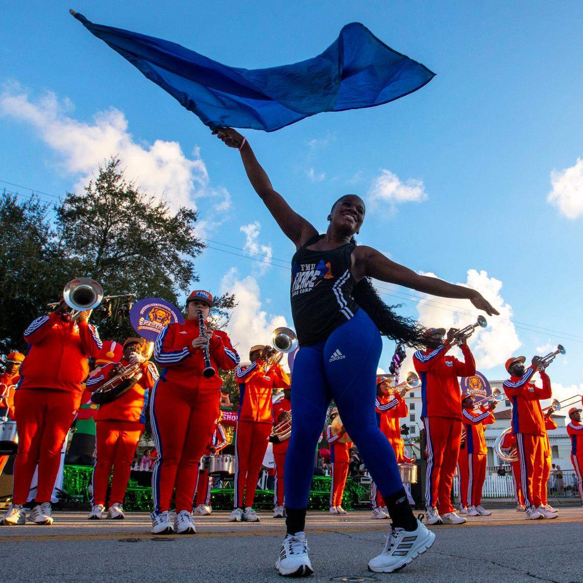 Florida Memorial University’s marching band — known as ‘The Roar’ — performs during the 73rd Annual Junior Orange Bowl Parade on Miracle Mile in Coral Gables, Florida, on Sunday, Dec. 12, 2021.