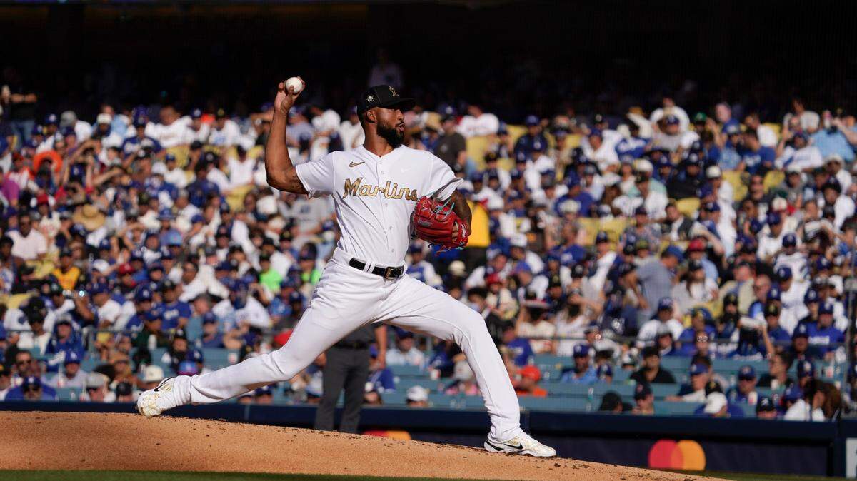 National League pitcher Sandy Alcantara, of the Miami Marlins, throws a pitch to the American League during the second inning of the MLB All-Star baseball game, Tuesday, July 19, 2022, in Los Angeles. (AP Photo/Mark J. Terrill)