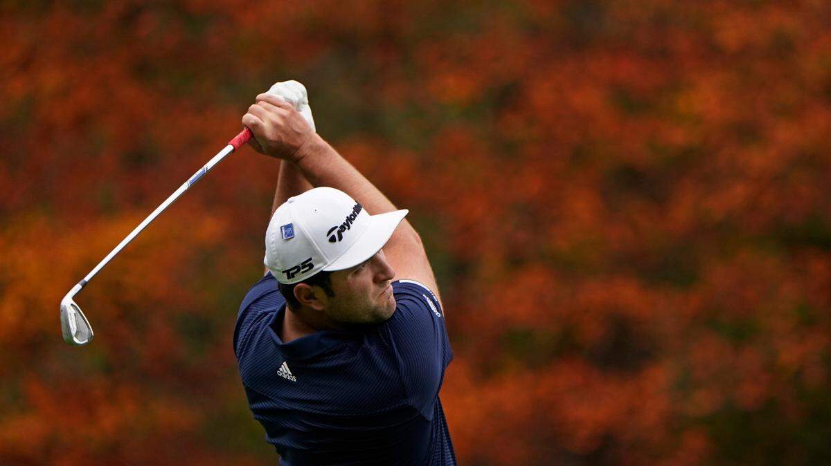 Jon Rahm, of Spain, tees off on the 11th hole during a practice round for the Masters golf tournament Tuesday, Nov. 10, 2020, in Augusta, Ga. (AP Photo/Chris Carlson)