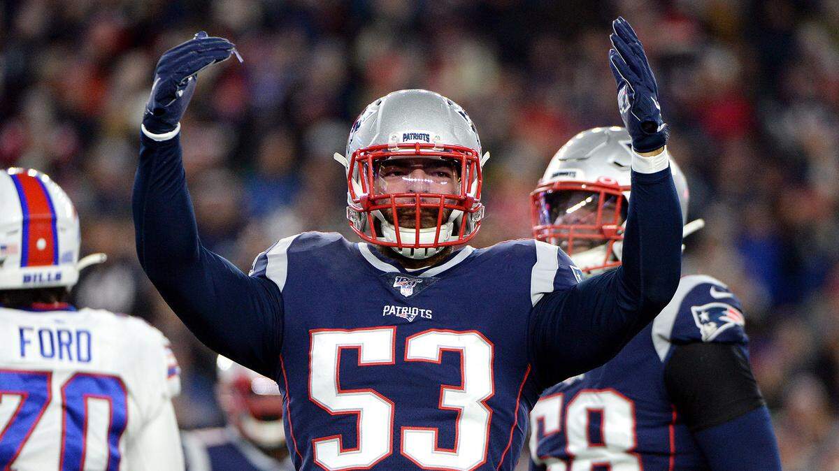 Kyle Van Noy #53 of the New England Patriots celebrates during the first half against the Buffalo Bills in the game at Gillette Stadium on Dec. 21, 2019 in Foxborough, Ma. The Dolphins have acquired Van Noy in free agency