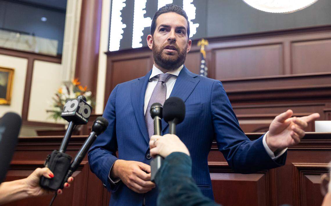 Florida House Speaker Daniel Perez, R-Miami, speaks with the media during the first day of the legislative session at the Florida State Capitol on Tuesday, March 4, 2025, in Tallahassee, Fla.