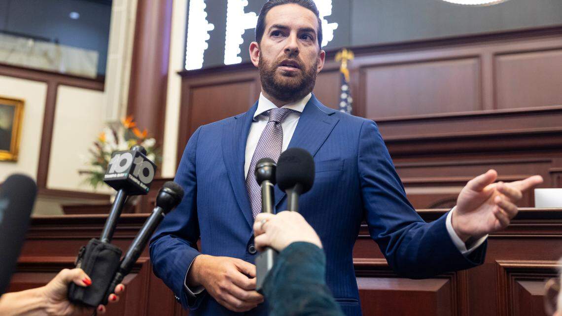 Florida House Speaker Daniel Perez, R-Miami, speaks with the media during the first day of the legislative session at the Florida State Capitol on Tuesday, March 4, 2025, in Tallahassee, Fla.