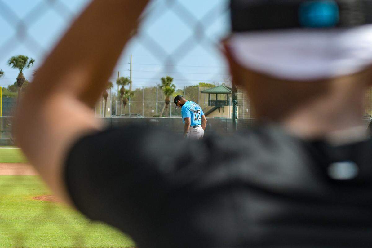 Miami Marlins pitcher Eury Perez (foreground) watches from along a fence as pitcher Sandy Alcantara throws a live batting practice session on Sunday, Feb. 19, 2023, at the Roger Dean Chevrolet Stadium complex in Jupiter, Florida.