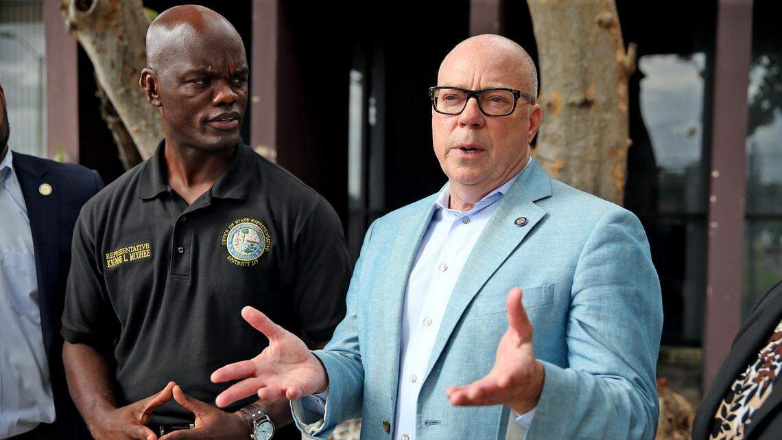 Florida's Rep. David Richardson, right, who is running for Congress, and Rep. Kionne McGhee talk to the media after their surprise visit to Miami-Dade Regional Juvenile Detention Center to inspect the facility in October 2017.