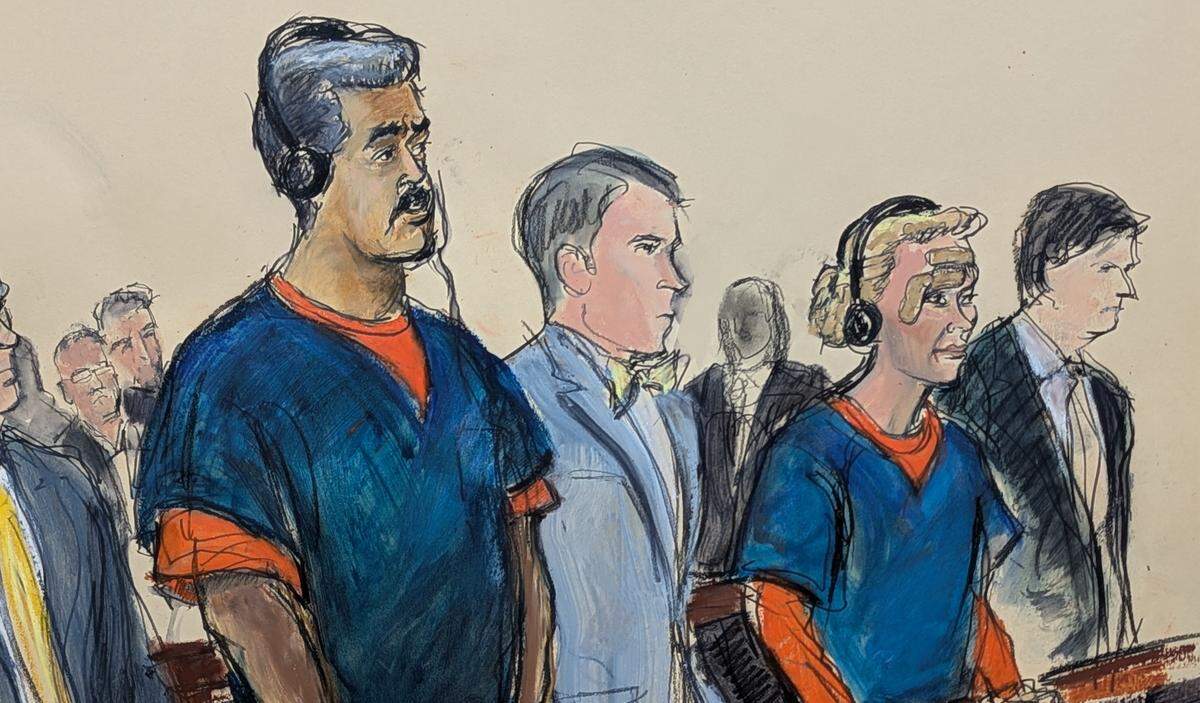 Venezuelan strongman Nicolas Maduro, left, and his wife, Cilia Flores, appear in Manhattan federal court with their defense attorneys Mark Donnelly, second from left, and Andres Sanchez, on Jan. 5, 2026.