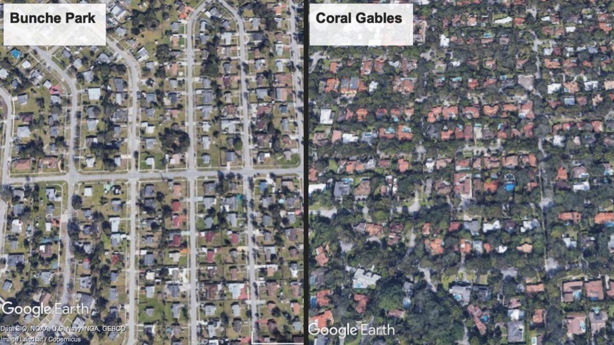 Las imágenes de Google Earth de Bunche Park y Coral Gables muestran la diferencia en los árboles de cada comunidad.