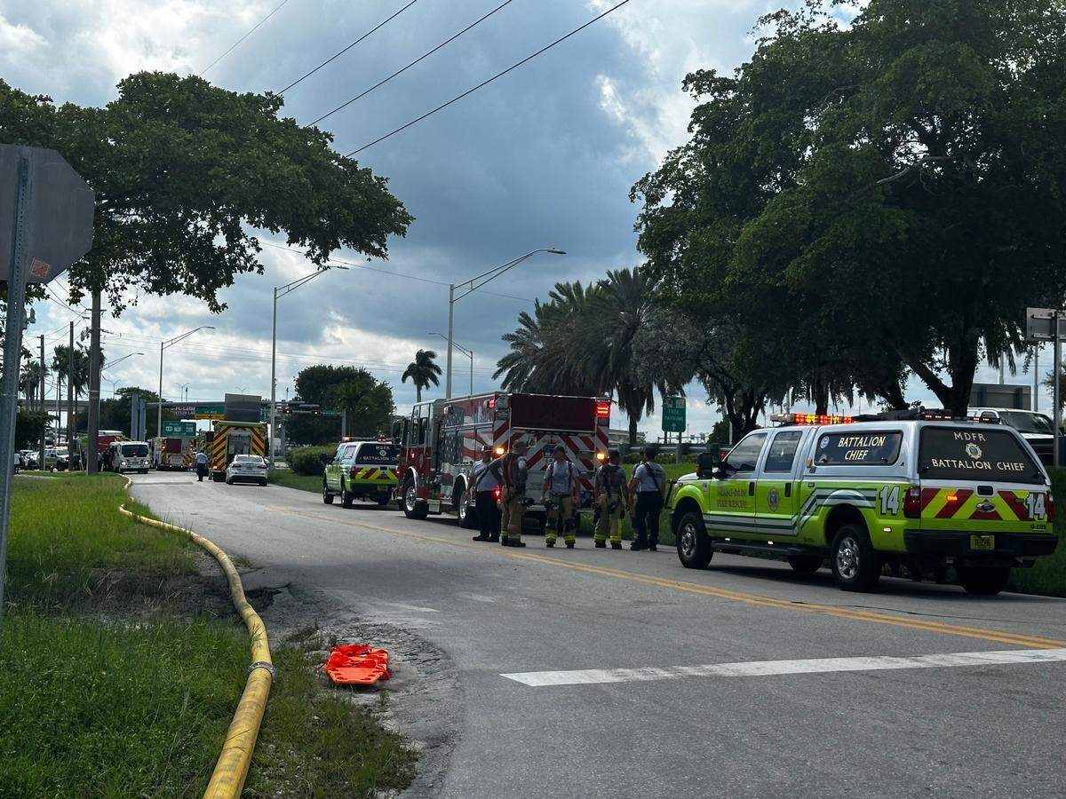 Miami-Dade Fire Rescue deployed more than 35 first responders to battle a three-alarm fire at a storage facility in Miami Gardens.