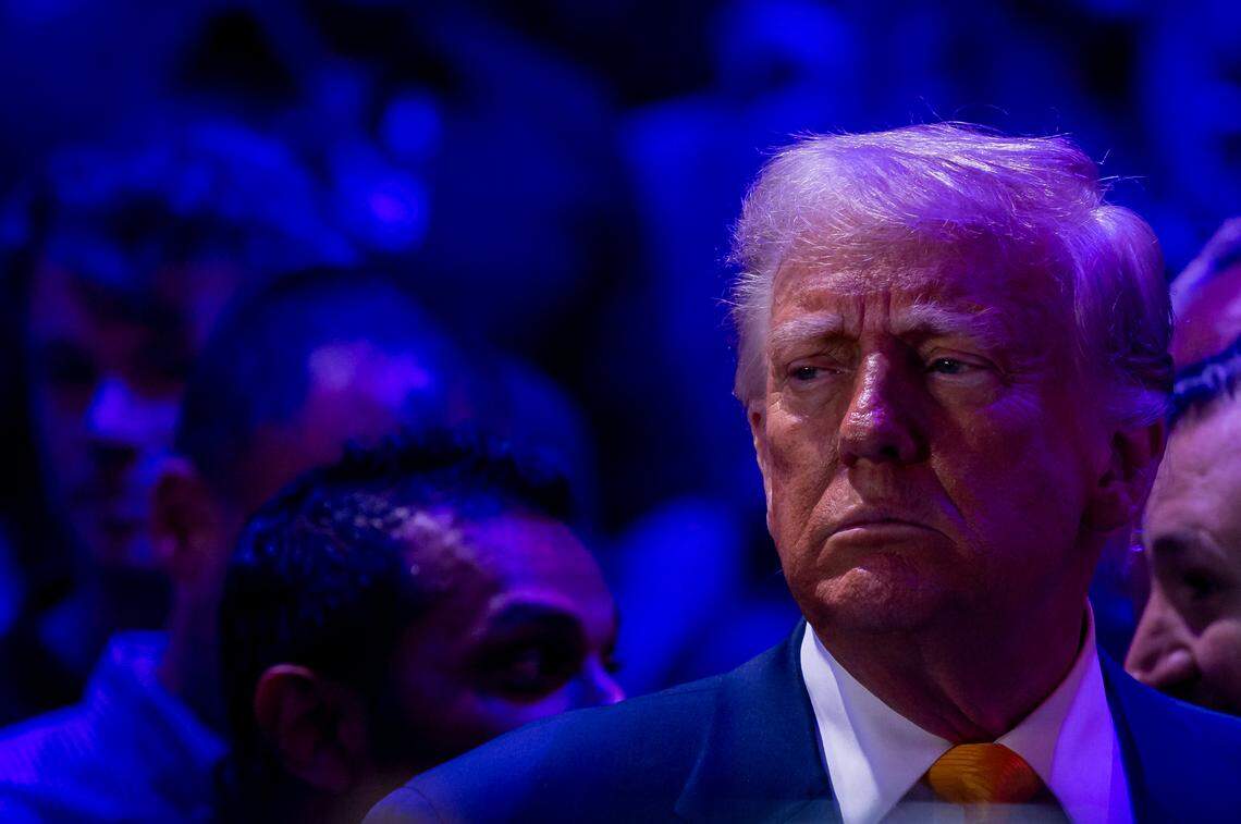 President Donald Trump attends UFC 314 at the Kaseya Center on Saturday, April 12, 2025, in downtown Miami, Fla.