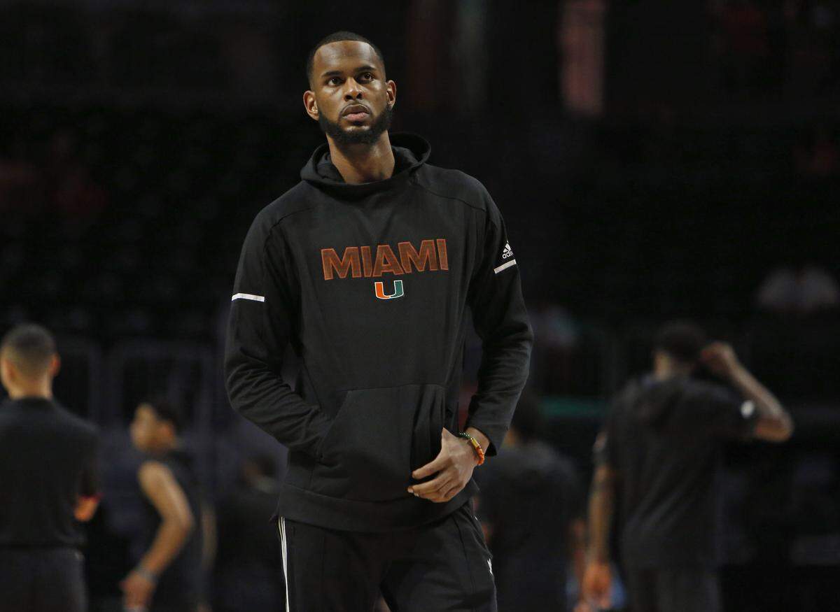 Miami Hurricanes forward Dewan Hernandez looks on before the start of an NCAA college basketball game against the NC State Wolfpack at the Watsco Center in Coral Gables on Thursday, January 3, 2019