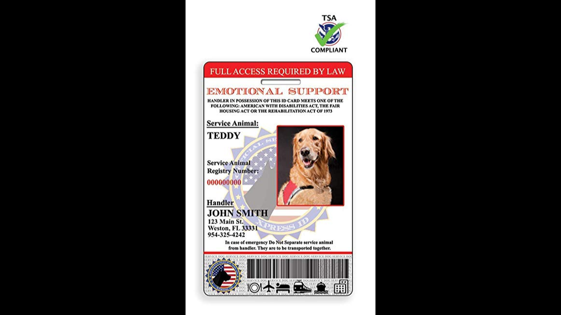 Emotional support animal-identification tag for sale on Amazon.com