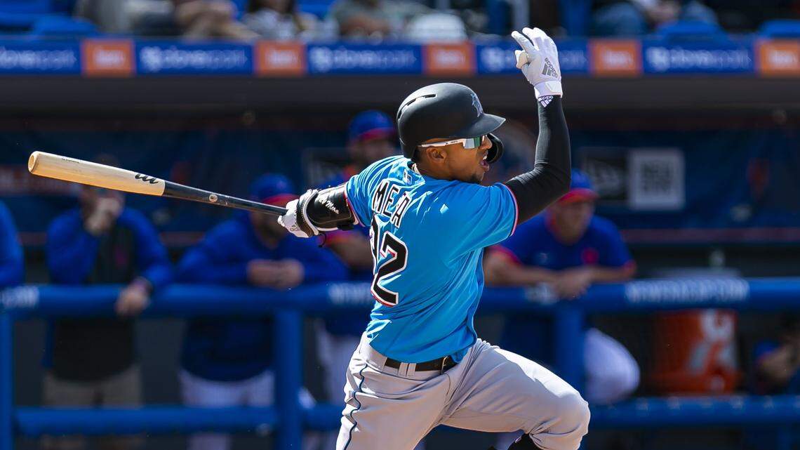 Miami Marlins Victor Victor Mesa (32) grounds into a double play during the fifth inning against the New York Mets during a spring training MLB game at Clover Park in Port St. Lucie, Florida on Saturday, February 22, 2020.