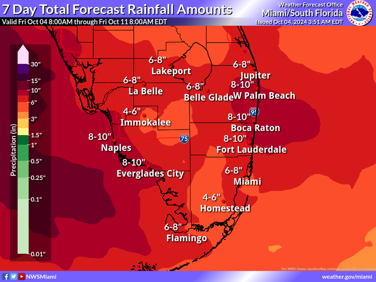 South Florida could see up to 10 inches of rain over the next seven days as a tropical system rolls east.