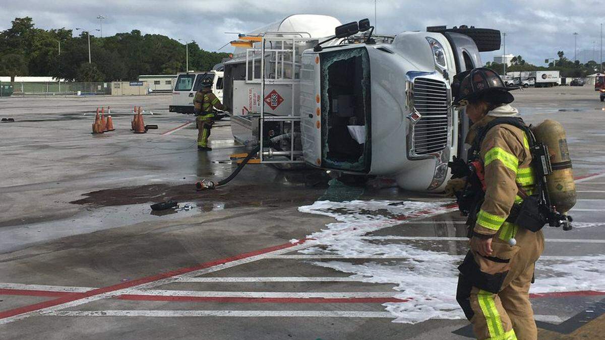A fuel truck overturned and spilled fuel on the Palm Beach International Airport tarmac. Palm Beach Fire Rescue responded to the scene and began cleanup as aircraft were redirected away from the spill.