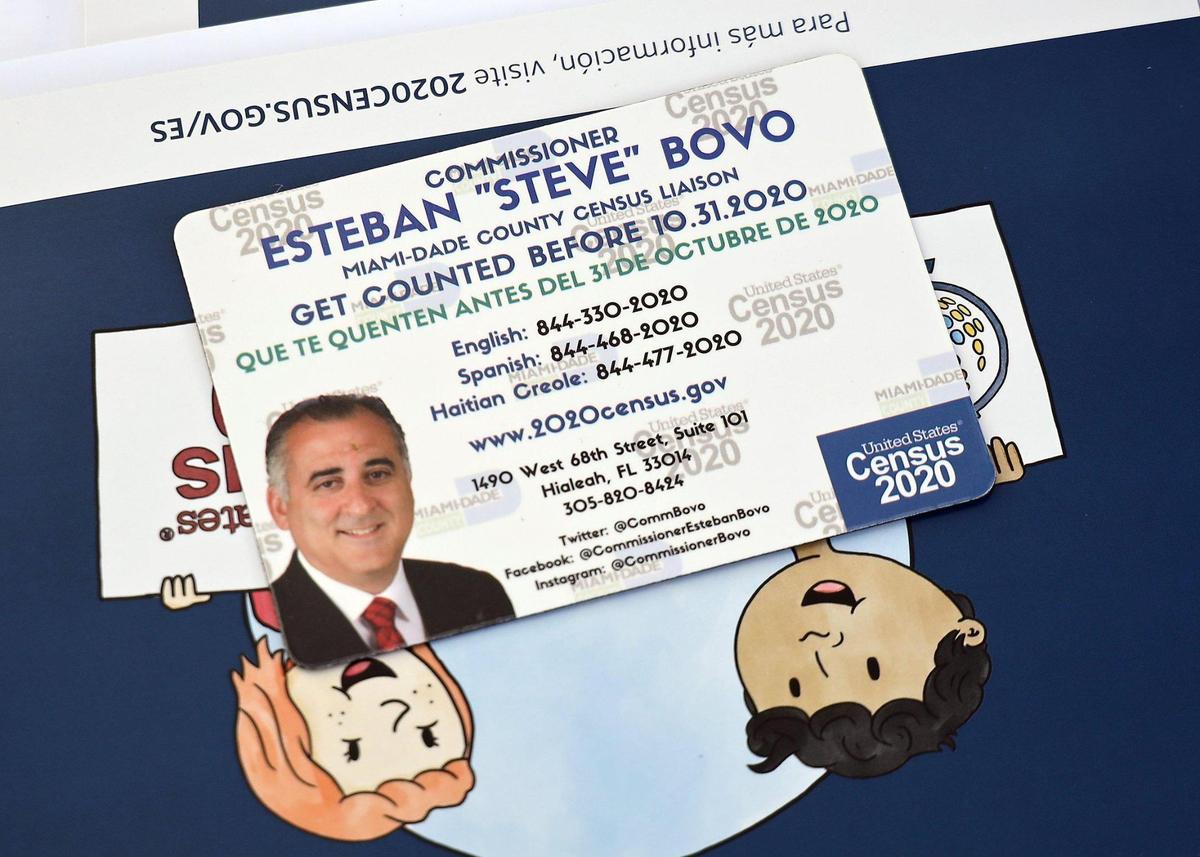 Staff for Esteban “Steve” Bovo, a county commissioner running for Miami-Dade mayor and a census liaison, handed out 2020 Census materials as they helped in food distribution at St. Monica’s Catholic Church in Miami Gardens on June 24, 2020.