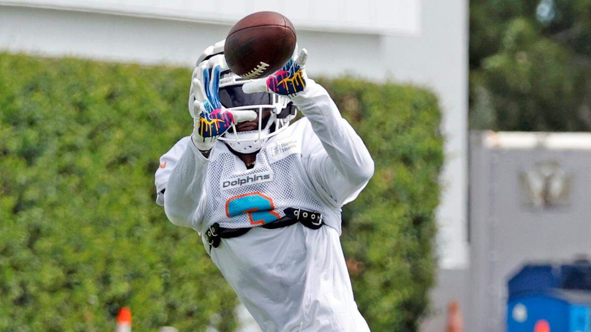 Miami Dolphins wide receiver Odell Beckham Jr. (3) catches a pass during practice drills at the Miami Dolphins training facility in Miami Gardens, Fla., on Thursday, October 3, 2024.