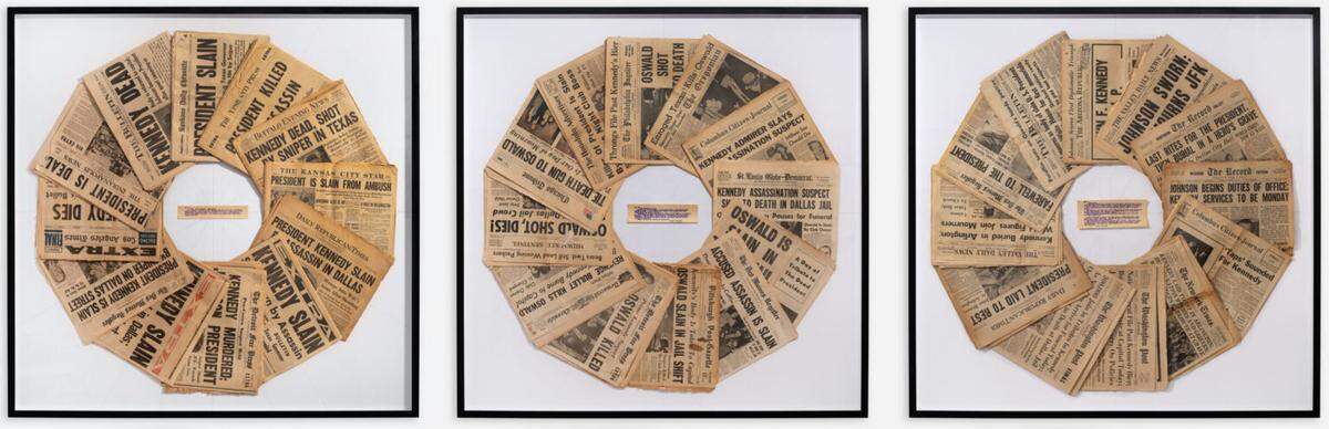 A triptych of President John F. Kennedy’s assassination created with newspapers. “This is the one that is my collective memory,” says artist Dennis Scholl.