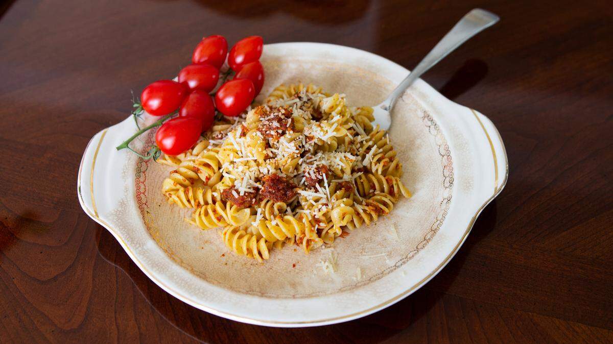Sundried tomato pesto over fusilli.