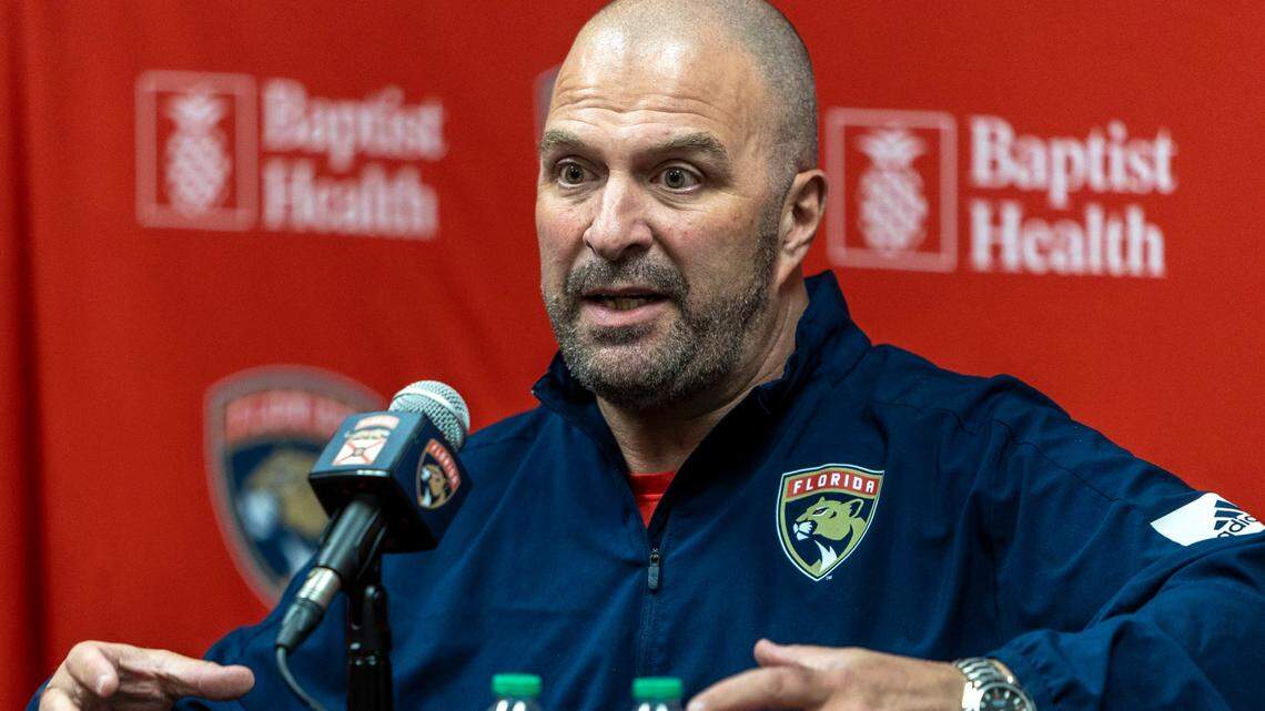 Sunrise, Florida - June 21, 2023 - Florida Panthers General Manager Bill Zito answers questions from reporters during his end-of-the-year press conference to discuss the Panthers’ run to the Stanley Cup Final and the upcoming offseason at FLA Live Arena in Sunrise, Florida.