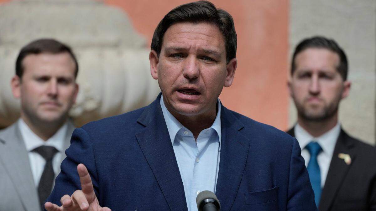 Florida Gov. Ron DeSantis speaks during a news conference, Feb. 1, 2022, in Miami.