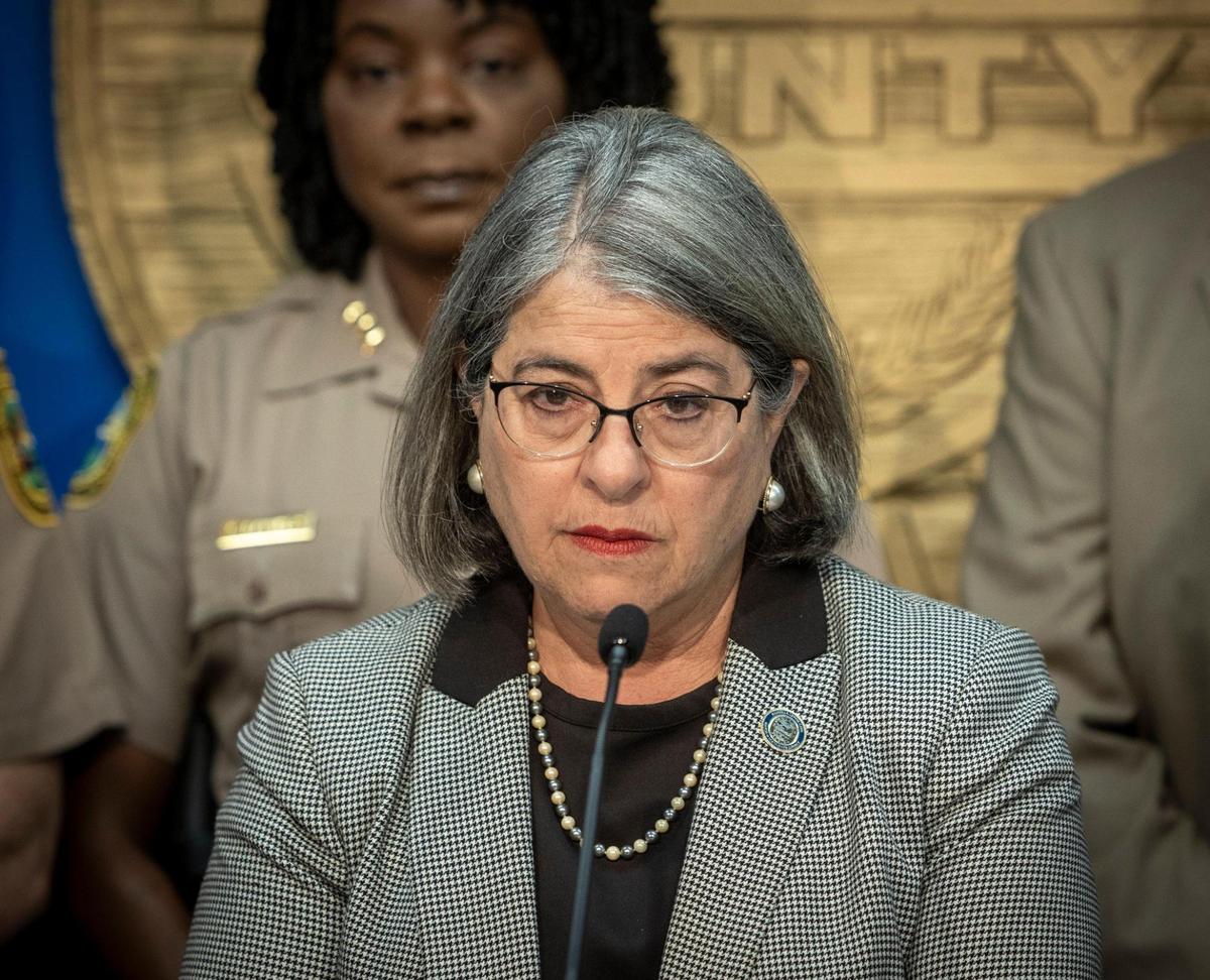 A visibly saddened Miami-Dade County Mayor Daniella Levine Cava,takes questions from reporters on the condition of Chief of Public Safety Alfredo “Freddy” Ramirez during a press conference at the Stephen P. Clark Government Center in downtown Miami on July 26, 2023.