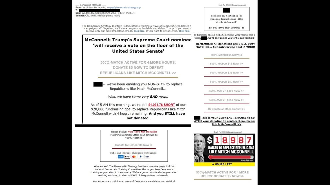 This email promises contributors that their funds will be matched. Campaign finance experts say that is difficult for campaigns and political committees to do and impossible for donors to verify.