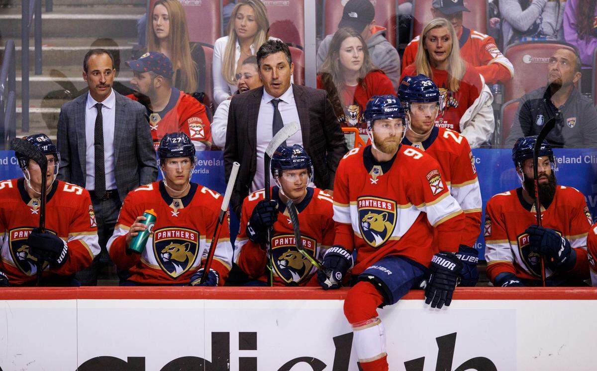 Florida Panthers interim head coach Andrew Brunette looks from the bench during the first period of Game 2 of a first round NHL Stanley Cup series against the Washington Capitals at FLA Live Arena on Thursday, May 5, 2022 in Sunrise, Fl.