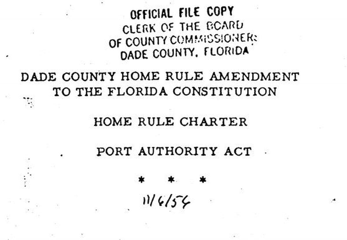 A copy of the Dade County charter approved by voters in 1957 was included as part of the lawsuit the county filed on Monday, seeking to invalidate a proposed constitutional amendment that would override portions of the county’s charter.
