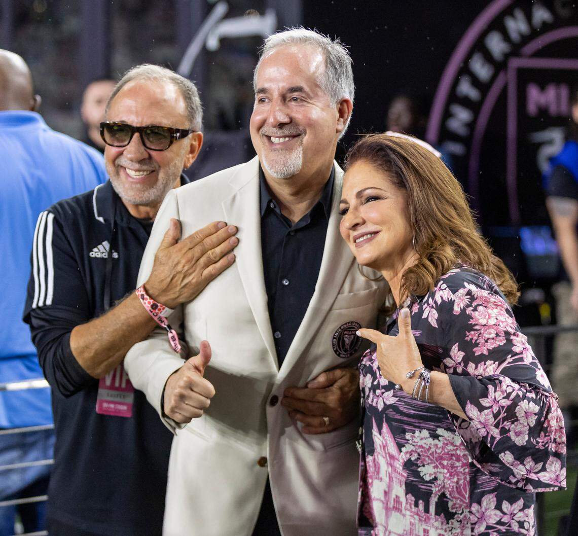 Inter Miami co-owner Jorge Mas takes a photo with Gloria Estefan and Emilio Estefan before his team plays against New York City FC at DRV PNK Stadium on Saturday, Sept. 30, 2023, in Fort Lauderdale, Fla.