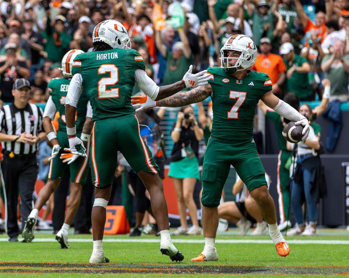 Miami Hurricanes wide receiver Xavier Restrepo (7) celebrates with Hurricanes wide receiver Isaiah Horton (2) after scoring a touchdown during the second half of an ACC football game against the Duke Blue Devils at Hard Rock Stadium on Saturday, Nov. 2, 2024, in Miami Gardens, Fla.