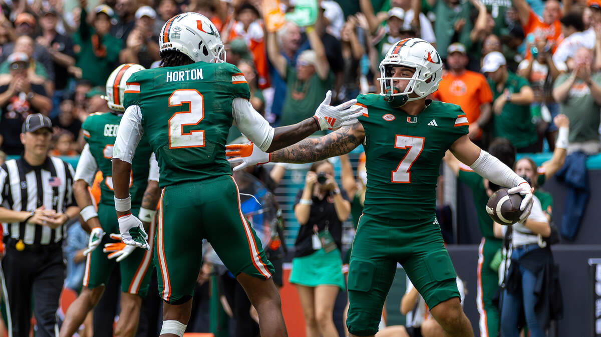 Miami Hurricanes wide receiver Xavier Restrepo (7) celebrates with Hurricanes wide receiver Isaiah Horton (2) after scoring a touchdown during the second half of an ACC football game against the Duke Blue Devils at Hard Rock Stadium on Saturday, Nov. 2, 2024, in Miami Gardens, Fla.