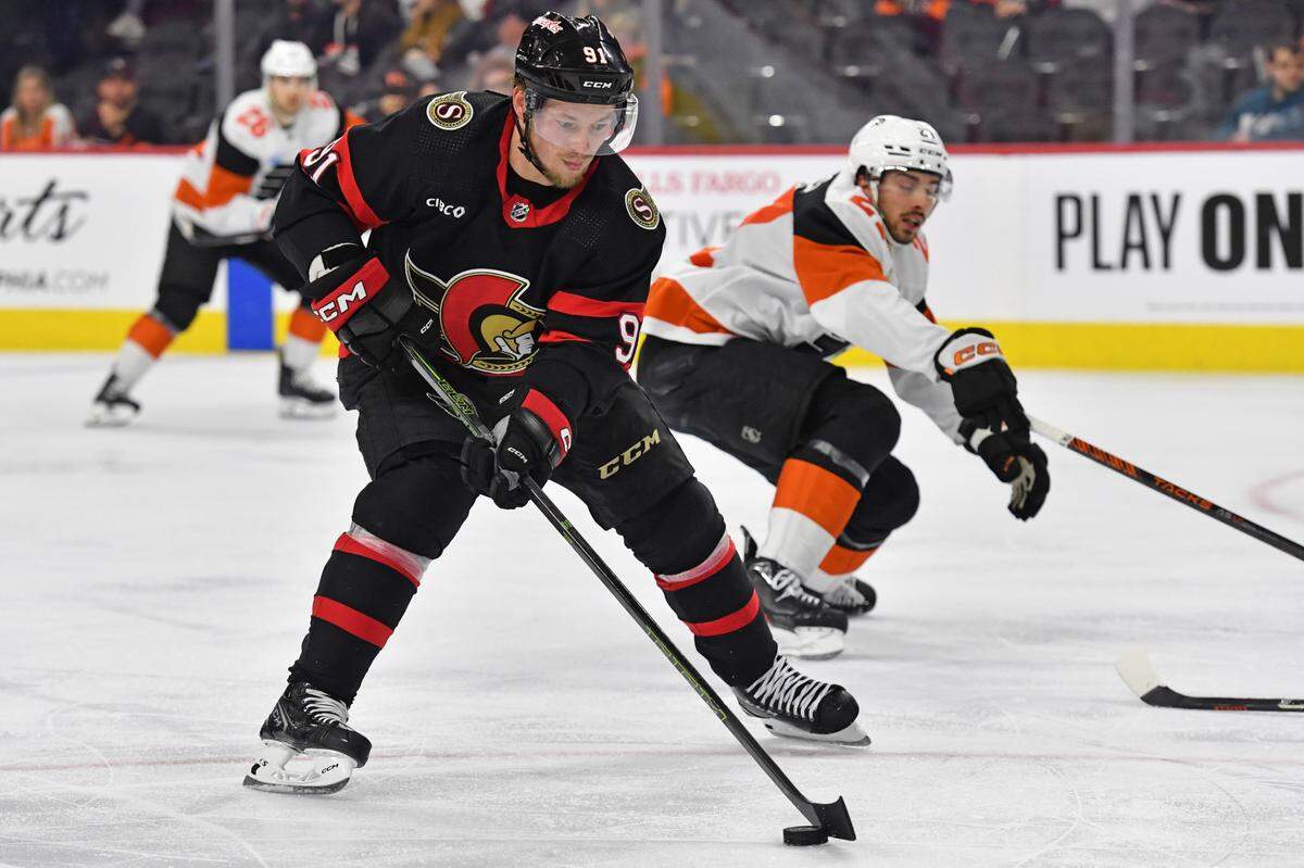 Mar 2, 2024; Philadelphia, Pennsylvania, USA; Ottawa Senators right wing Vladimir Tarasenko (91) shoots against the Philadelphia Flyers during the second period at Wells Fargo Center.