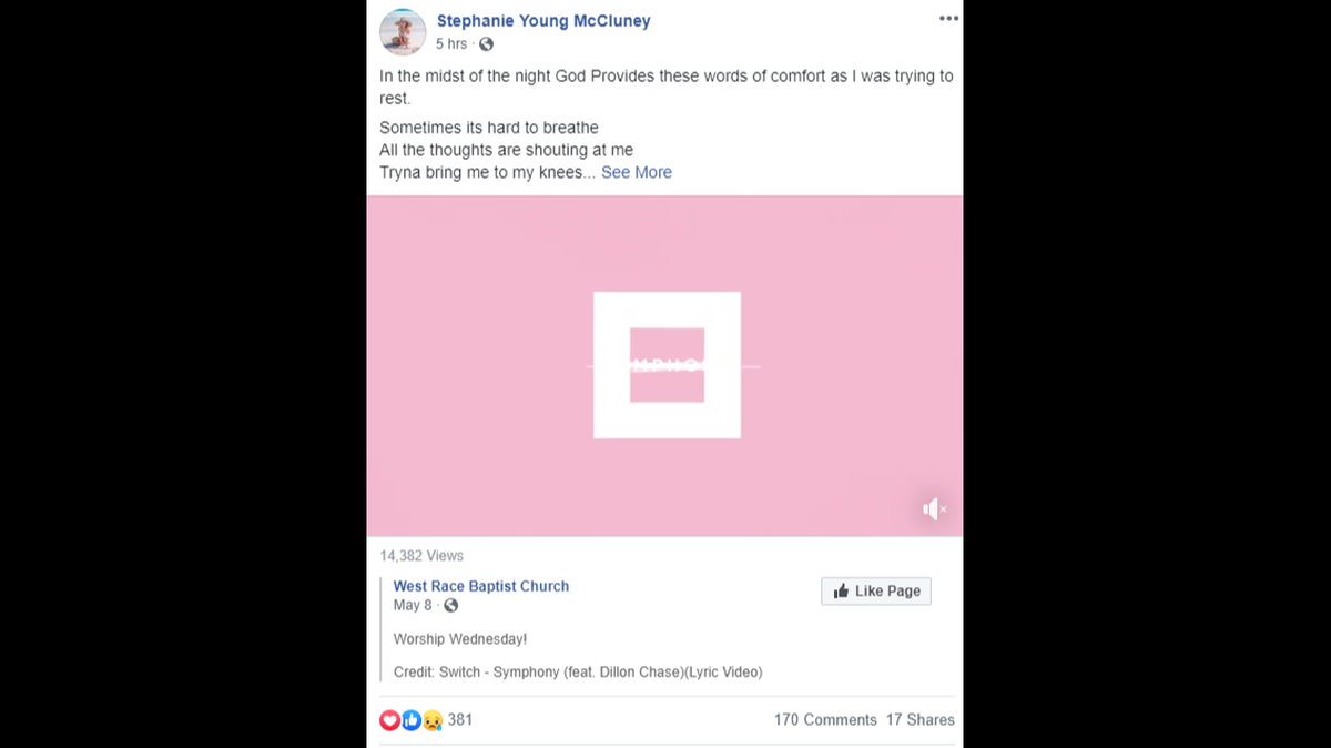 On Thursday, Stephanie McCluney’s Facebook presence was quiet. Right before 9 a.m. a few hours before the press conference, she shared a lyric music video West Race Baptist posted in May of “Symphony” by Switch.