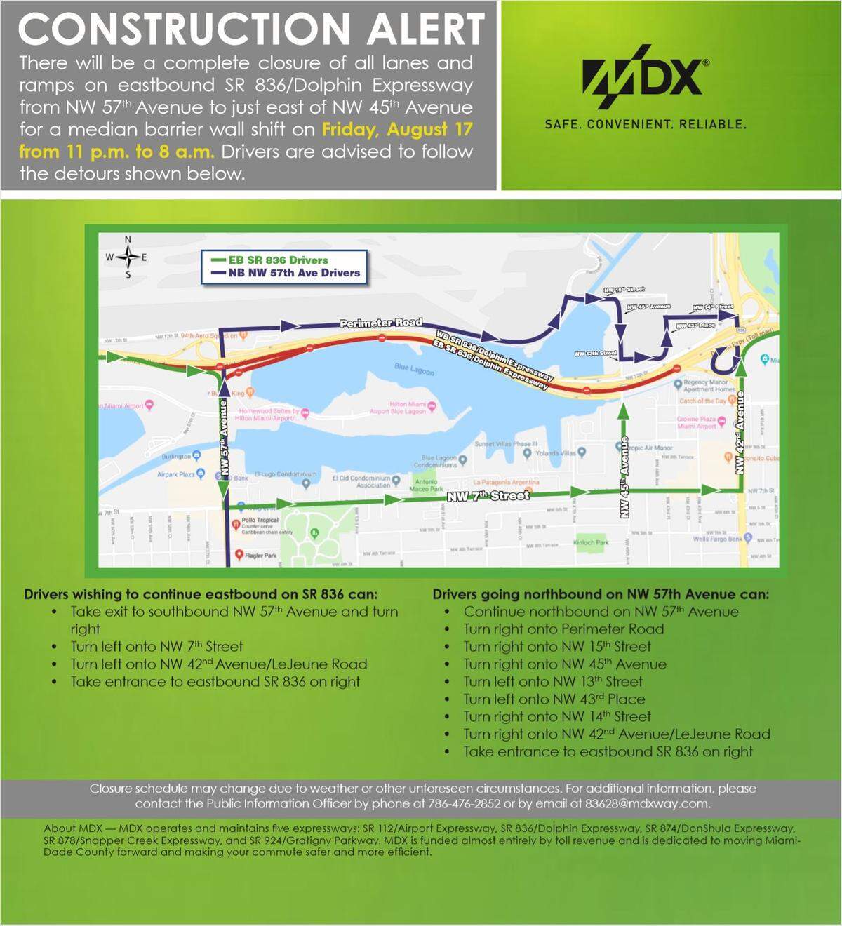 MDX construction alert for eastbound SR 836 complete closure at Northwest 57th Avenue at 11 p.m. Aug. 17 to 8 a.m. Aug. 18, 2018.