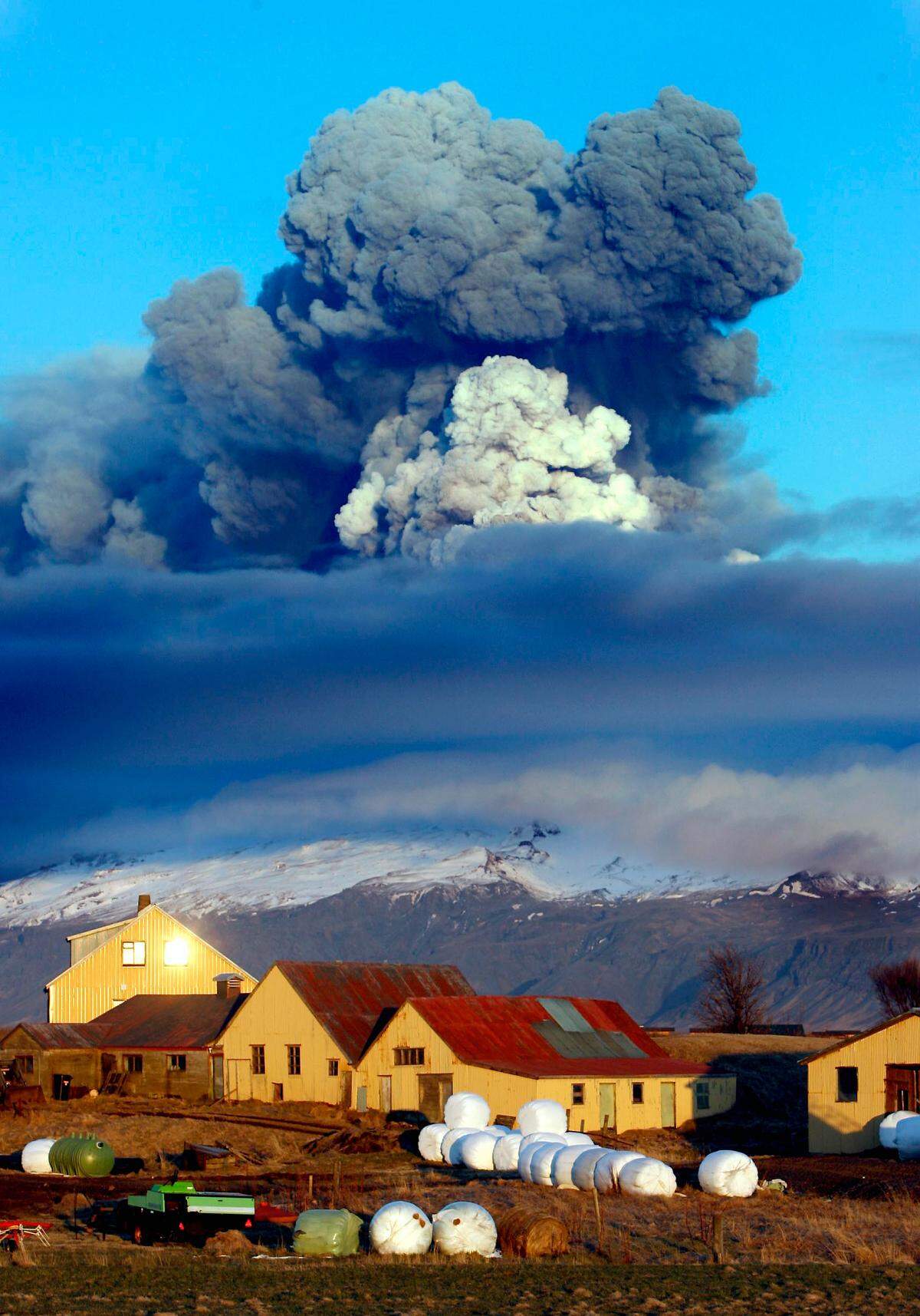 The volcano in southern Iceland’s Eyjafjallajokull glacier sends ash into the air just prior to sunset one day during its 2010 eruption.