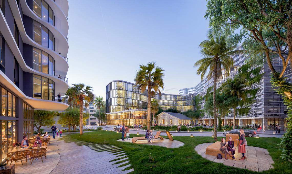 Developers 13th Floor Investments, chosen by the city of South Miami to redevelop its municipal complex on Sunset Drive, has proposed a new city hall and police building and apartment towers and retail shops surrounding a public space with a historic, peaked-roof coral-rock building as its centerpiece.