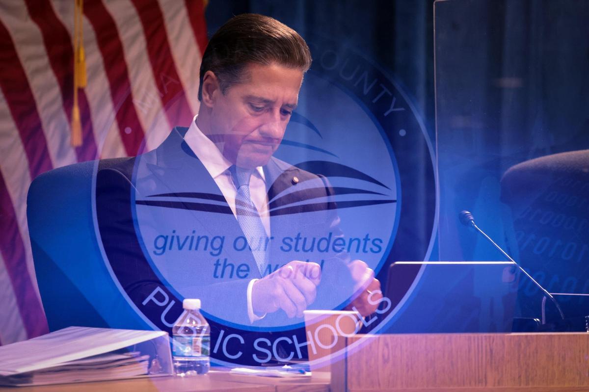 A double exposure made of Superintendent Alberto Carvalho while he listens during the Miami Dade School Board special meeting regarding his departure and terms of his replacement on Wednesday, Jan. 5, 2022, in Miami, Florida.