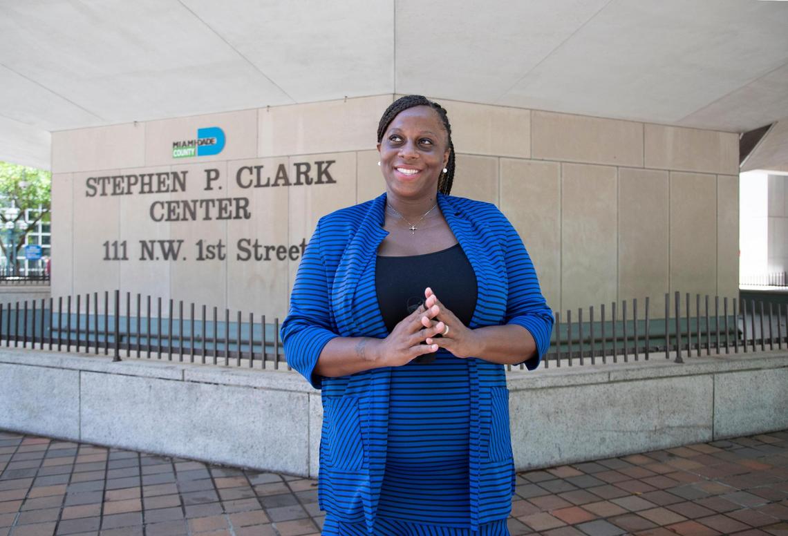Miami-Dade mayoral candidate Monique Nicole Barley speaks outside the Stephen P. Clark Center on Wednesday, July 15, 2020.