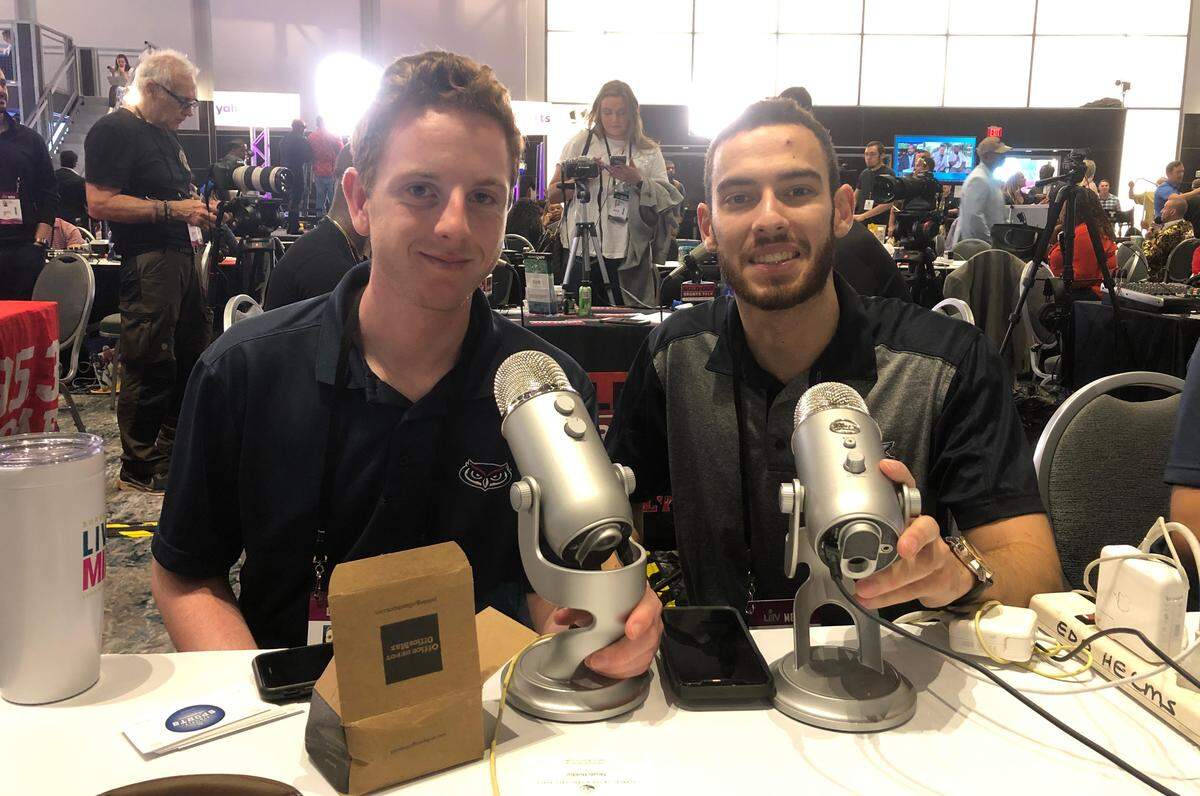 Florida Atlantic University students Jacob Browne (left) and C.J. Urie (right) with their podcasting gear.