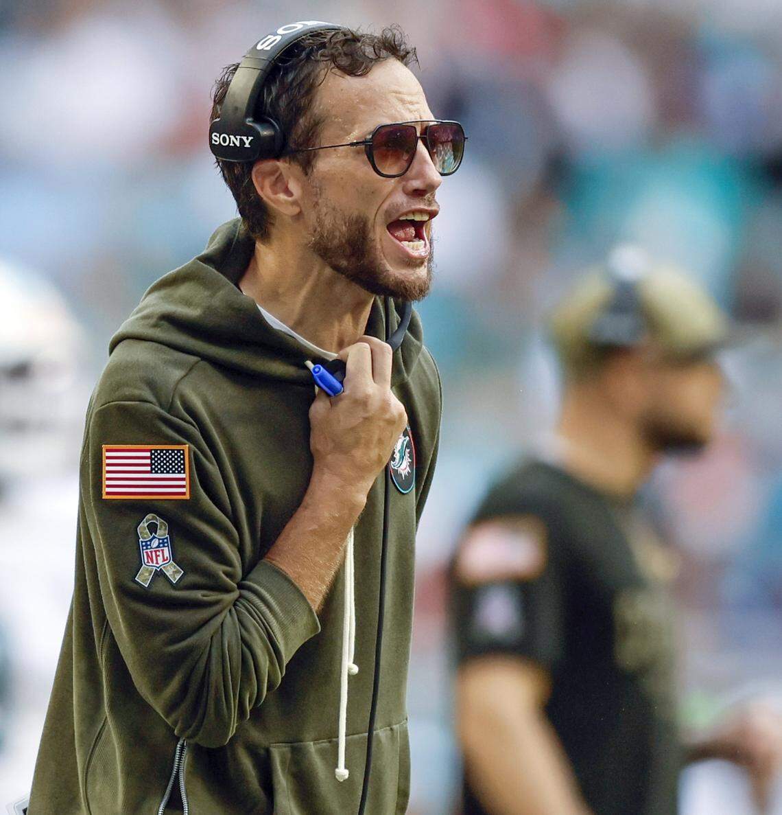 Miami Dolphins head coach Mike McDaniel reacts in the second half of an NFL football game against the Buffalo Bills at Hard Rock Stadium in Miami Gardens, Florida on Sunday, November 9, 2025.