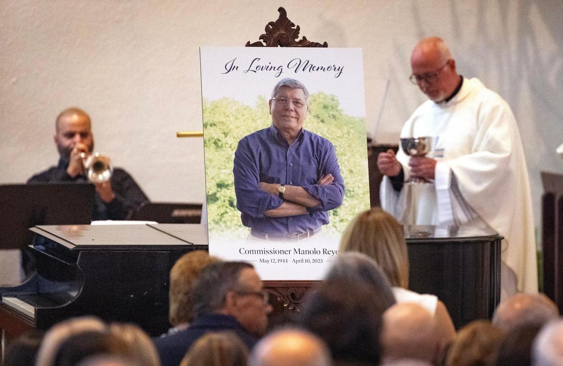 A portrait of Miami City Commissioner Manolo Reyes, who died on Thursday, is displayed during a funeral mass at St. Michael the Archangel Catholic Church in Miami on Wednesday, April 16, 2025.