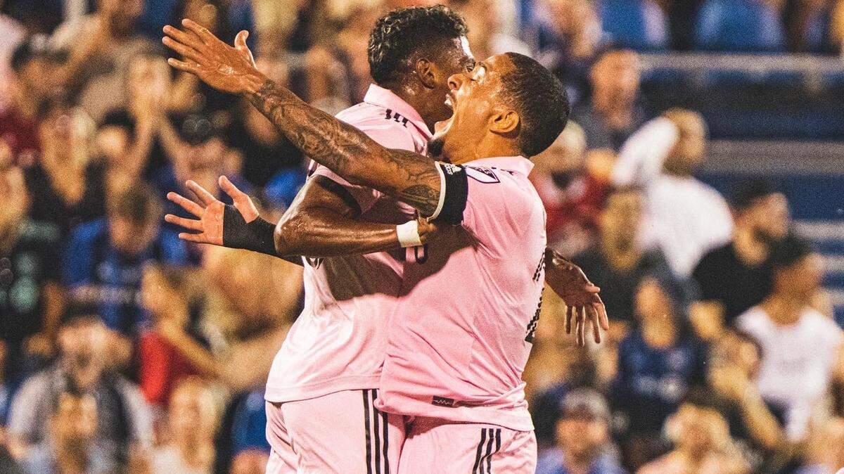 Emerson Rodriguez (left) and Gregore celebrate Emerson’s game-tying goal for Inter Miami in a 2-2 tie on the road against CF Montreal.